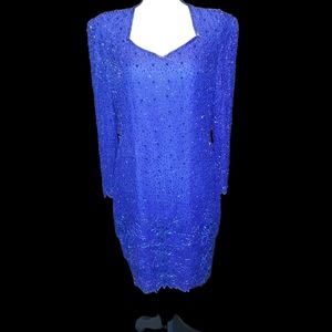 Vintage Night Vogue Purple Beaded 100% Silk Midi Dress Sheer Sleeves. Beautiful!